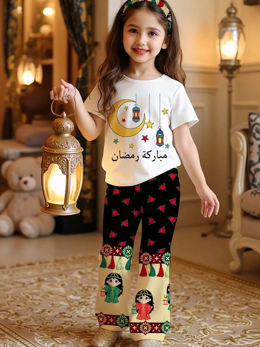SHEIN 2pcs/Set Young Girl Cartoon Casual Round Neck Short Sleeve Top And Flare Pants - Multicolor - View 1
