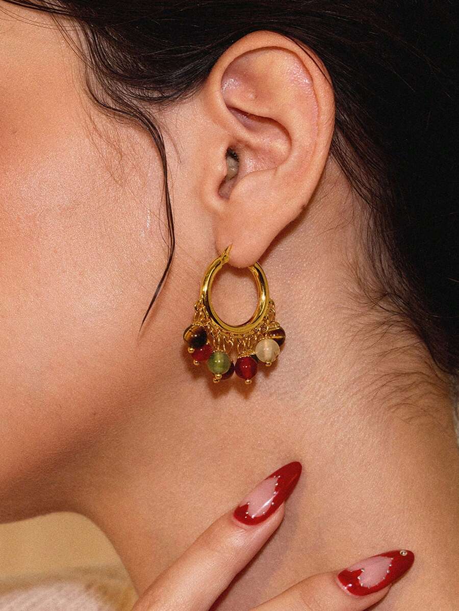 Glisma Bông tai mặt dây chuyền mạ vàng 18K (màu đá ngẫu nhiên), Cao cấp/Sang trọng/Đẳng cấp, Quyến rũ/Cổ điển, Dành cho Mẹ/Phụ nữ/Cô gái/Mẹ, Mùa hè/Đi biển/Dạ hội/Tiệc tùng, Nhiều lớp/Đá quý/Hạt cườm/Pha lê - Vàng - Xem 1