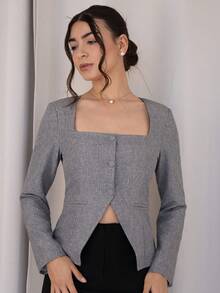 Andrea Bello Unique Neckline Design Single-Breasted Suit Jacket For Women In Autumn And Winter, Suitable For Commuting, Autumn, Casual Commuting Suit Jacket, Versatile Item, Gray Suit Jacket.,Fall - Grey - View 5