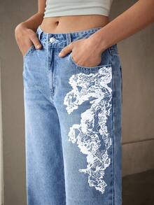 Selenza Women's Graphic Print Slant Pocket Casual Versatile Jeans Wide Leg Jeans Woman Jeans With Designs Flower Jeans Cowboy Pants For Women Cowgirl Jeans - Blue - View 3