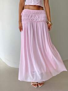 Aloruh Women's Romantic Flowy Sheer Solid Light Pink Ruched Bow Tie Waist A-Line Mini Skirt, Valentine's Day - Pink - View 5