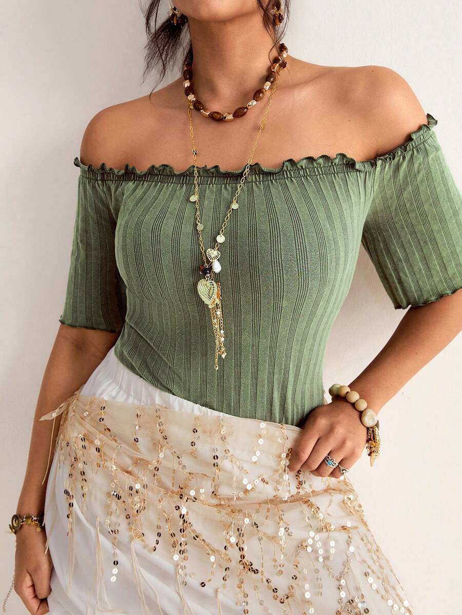 Freevana Plus Size Casual Solid Color Off-Shoulder T-Shirt Summer Tops Going Out Tops Western Vest, Business Casual, Bohemian, Summer Top Green Summer Top Ribbed Off Shoulder Top Off The Shoulder Top Sage Green Top Ribbed Knit Top - Olive Green - View 1