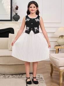 SHEIN 2pcs Tween Girl Colorblock Open Front Vest With Bow Decor And Solid Pleated Skirt Set - Black and White - View 6