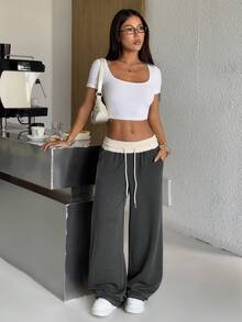 SHEIN EZwear 女士夏季休闲撞色抽绳腰灰色针织阔腿运动裤 - 深灰色 - 查看 3
