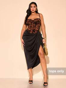 SHEIN BAE Plus Size Fall Sweet Sexy Black Lace Floral All Over Flocked Mesh Print Asymmetric Hem Spaghetti Straps Corset Top