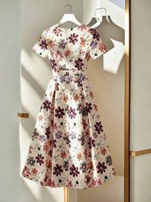 Franclia Women's Casual Floral Print Solid Notched Neck Short Sleeve Midi Dress, Suitable For Spring/Summer, Fashionable Casual Dress For Outings - Multicolor - View 2