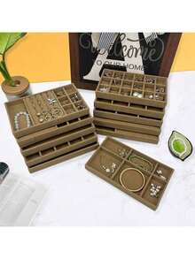 首饰托盘收纳盒，项链耳环戒指展示收纳盒，可堆叠首饰盒化妆品收纳盒，适用于耳环、项链、戒指、手链、吊坠、珍珠等饰品。 - 棕色 - 查看 15