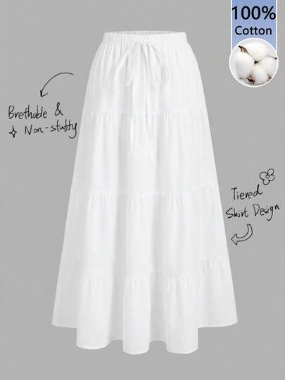 Tseoso 100% Cotton Women's Casual Holiday Multi-Layer Cake Hem Skirt, Summer White Tiered Long Drawstring Skirt, Chic Spring Summer Outfit, Sexy Cute Coconut Girl, Boho, Music Festival, Going Out, Island Girl Vintage, Seaside Vacation, Romantic, Vacay Vibes