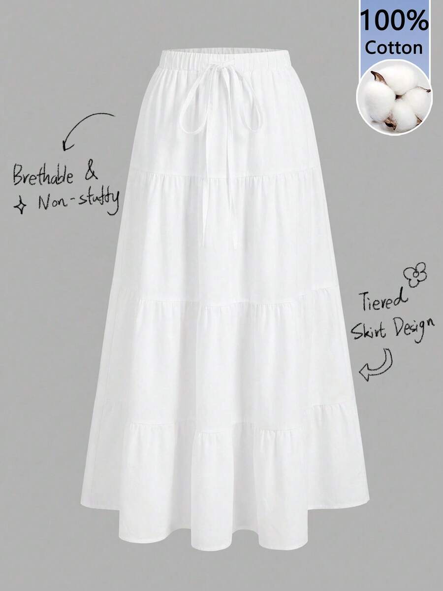 Tseoso 100% Cotton Women's Casual Holiday Multi-Layer Cake Hem Skirt, Summer White Tiered Long Drawstring Skirt, Chic Spring Summer Outfit, Sexy Cute Coconut Girl, Boho, Music Festival, Going Out, Island Girl Vintage, Seaside Vacation, Romantic, Vacay Vibes - Multicolor - View 1