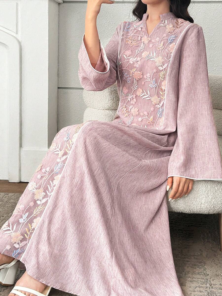 SHEIN 少女连衣裙：提花刺绣，春夏款，度假风，金色蕾丝边，宽松V领撞色长袍，粉色，中东阿拉伯长袍，国庆节长裙 - 藕粉色 - 查看 1