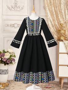 Tween Girls' Long Sleeve Loose Traditional Arabic Clothing Abaya Robe, Black Robe With Tassel Cuff, Geometric Print And Contrast Tassel Trim Flowy Long Dress, Middle Eastern Style Caftan Dress, Suitable For Festivals, Ramadan Family Gatherings And Daily Wear, Spring/Autumn - Black - View 7