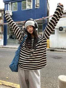 DAZY 女士宽松休闲条纹拼接长袖长款T恤，适合春秋季穿着 - 黑與白 - 查看 5