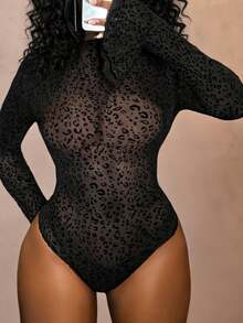 Slaydiva Bodysuit Jala Hitam Wanita, Motif Leopard Transparan Lengan Panjang dengan Manset Berkerut, Tanpa Punggung, Lapisan Dasar Ramping untuk Musim Panas, Klub Malam, dan Pesta Kolam Renang - Hitam - View 15