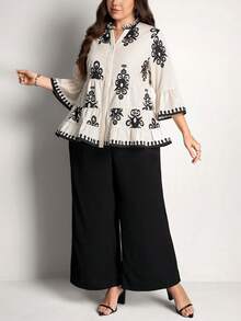 Comfylo Plus Size 2 Pieces Set: Casual Black Shirt And Pants, Autumn Boho Outfits For Women, Elegant Birthday Party Vacation Valentine's Day - Multicolor - View 2