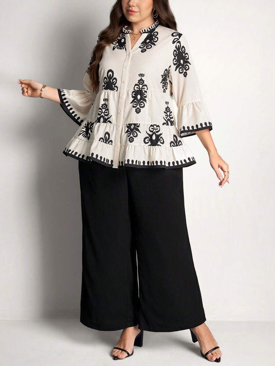 Comfylo Plus Size 2 Pieces Set: Casual Black Shirt And Pants, Autumn Boho Outfits For Women, Elegant Birthday Party Vacation Valentine's Day