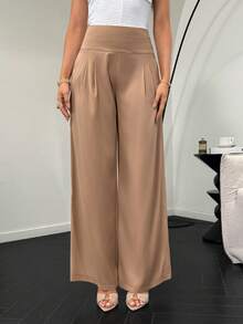 Modelyn Women's Solid High Waist Pleated Wide Leg Palazzo Pants,Khaki,Autumn,Elegant Unique,Elegant,Office Silk Loose Casual Brown Pants For Women - Apricot - View 4