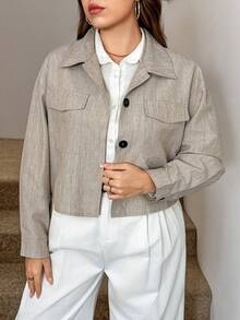 SHEIN LUNE 大码女士休闲宽松翻领单排扣外套，带口袋，情人节女士礼物，秋冬季女士节日礼物 - 卡其色 - 查看 6