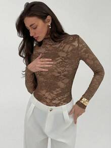 Aloruh Body de manga larga de encaje transparente y sexy de moda - Café integral - Ver 4