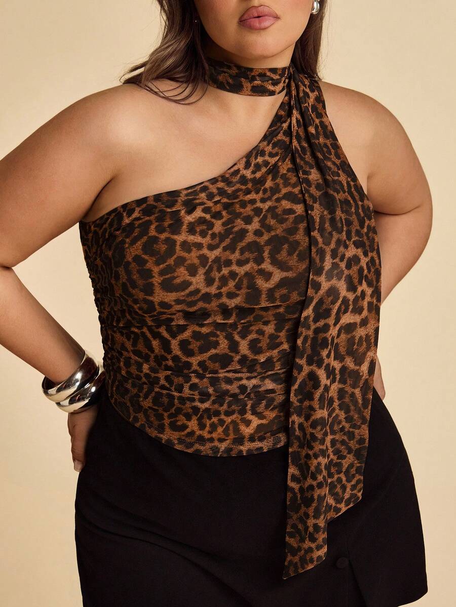 SHEIN BAE 夏季海滩度假大码服装节日服装派对聚会、约会旅行、外出游玩上衣、豹纹露背上衣、不对称上衣、Y2k 服装 - 巧克力棕 - 查看 1