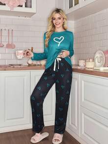 SweetSlumber Valentine's Day Lovely Heart Pattern Women Pajama Set - Green - View 4