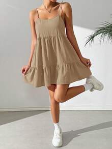 SHEIN EZwear Đầm hai dây hở lưng màu be dệt kim kiểu dáng thường ngày, thích hợp cho kỳ nghỉ xuân/hè, hàng mới về dành cho nữ. - Lạc đà - Xem 2