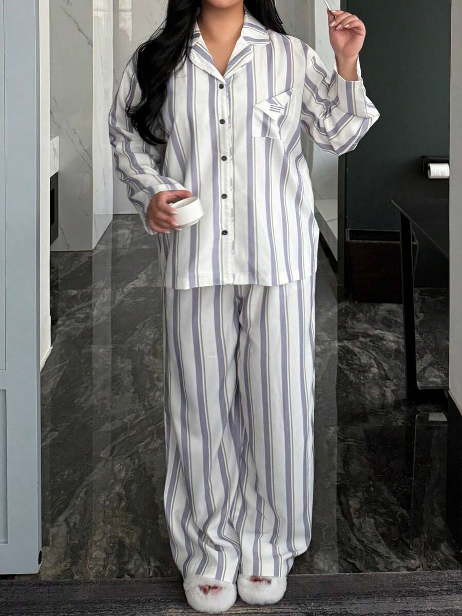 Dazy Plus 2pcs Plus Size Women Striped Pajama Set, Loose Long Sleeve Top With Pocket And Straight Leg Pants, Comfortable Sleepwear For Spring And Autumn - Purple - View 1