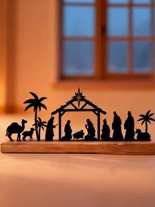 Nativity Sets For Indoor Decor, Black Metal Nativity Scene With Wooden Base People, Nativity Set Decorations For Home Table Shelf - Multicolor - View 1