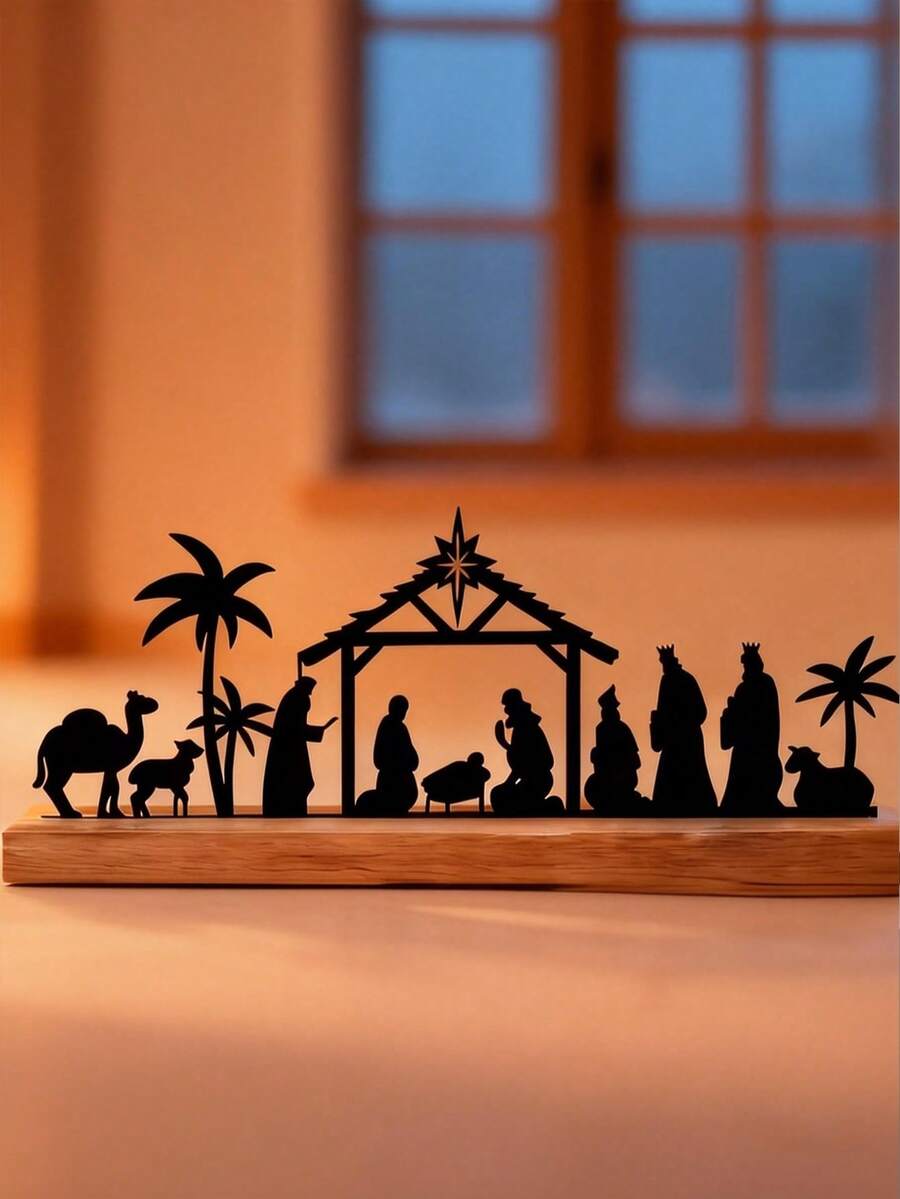 Nativity Sets For Indoor Decor, Black Metal Nativity Scene With Wooden Base People, Nativity Set Decorations For Home Table Shelf - Multicolor - View 1
