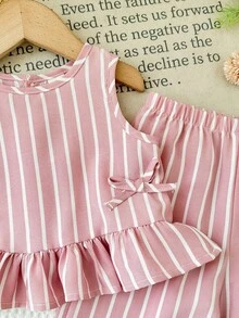 SHEIN LMoss Kids 2pcs Baby Girl Woven Striped Crew Neck Top And Loose Casual Pants Set - Pink - View 3