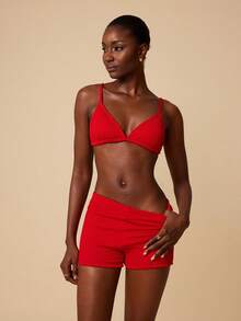 Swim Chiccia Women's Solid Color Spaghetti Strap Bikini Set - Red - View 4