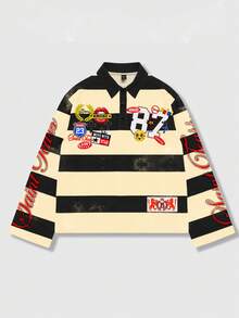ROMWE MEN Street Life Spring Casual Graphic Men'S Striped Collar Long Sleeve Printed T-Shirt, Casual College Style Top - Multicolor - View 3