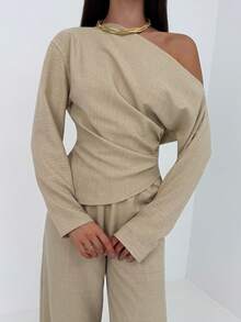 Aloruh Conjunto feminino para o dia a dia: blusa de manga comprida com cintura franzida + calça folgada