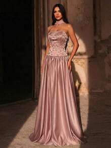 Glamrae Elegant Lustrous Satin Beaded Bustier A-Line Maxi Skirt Set,Detachable Chiffon Flounce Adjustable Tie Waist Gala Dress For Weddings,Formal Events - Khaki - View 7