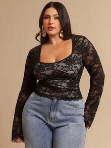 SHEIN BAE Blusa transparente y sexy con espalda descubierta para mujer de talla grande