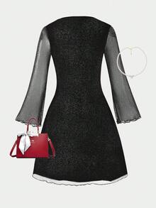 1pc Girls Crew Neck Long Sleeve Knit Dress, Elastic Metallic Yarn Fabric, Casual & Party Wear, Autumn Long Sleeve Dresses Black Dress For Tweens Black Dresses Teen Girls Elegant Dresses - Black - View 2