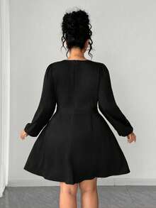 SHEIN Elenzya Elegant Plus Size Black Square Neck Dress With Pearls Long Puff Sleeves And Flared Hem Short A Line Woven Fabric Dress - Black - View 2