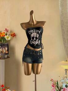 Attitoon Áo croptop nữ kiểu dáng thường ngày, có dây rút phía trước. - màu đen - Xem 5