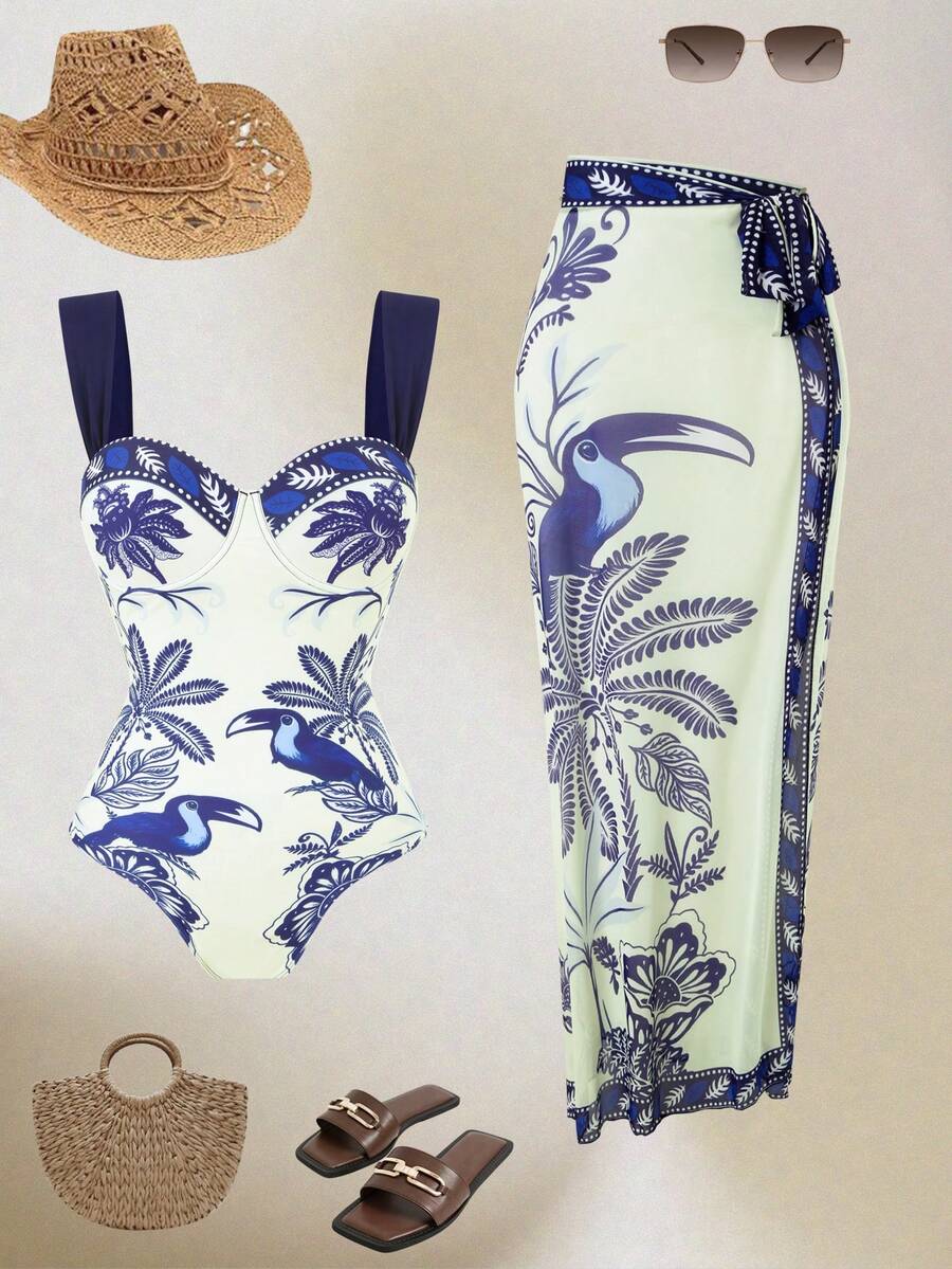 Swim Oasis 高级印花吊带泳衣配纱笼裙 - 彩色 - 查看 1