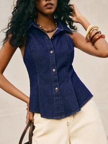 Poéselle 女士无袖修身牛仔衬衫，休闲日常穿着 - 深色水洗藍 - 查看 1