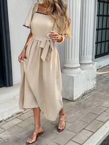 Serisse 女士方领插肩袖休闲时尚中长连衣裙 - 杏色 - 查看 8