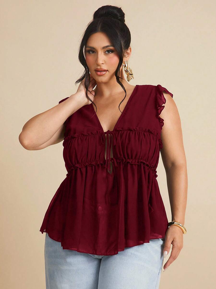 SHEIN BAE 1 buah Atasan Kasual Tanpa Lengan Linen Ukuran Besar untuk Wanita dengan Hiasan Kancing, Cocok untuk Brunch, Jalan-jalan, Kencan, Perjalanan, dan Berlayar - Burgundy - View 1