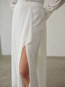 MOTF PREMIUM WOMEN'S ASYMMETRICAL CHIFFON FLOWY SPLIT THIGH SKIRT WITH SEQUINS EMBELLISHMENT, SPRING/SUMMER - White - View 2