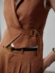 MOTF PREMIUM WOMEN'S PURE LINEN SHAWL NECK FITTED TIE WAIST SLEEVELESS BLAZER VEST, SPRING/SUMMER - Coffee Brown - View 3