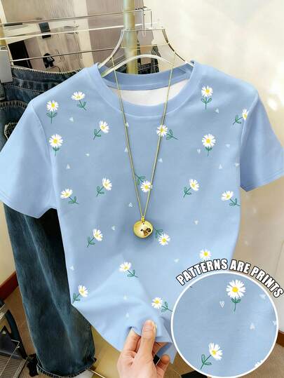 Resyla Camiseta de verano casual de manga corta y cuello redondo con ajuste estándar y estampado floral de margaritas en toda la prenda