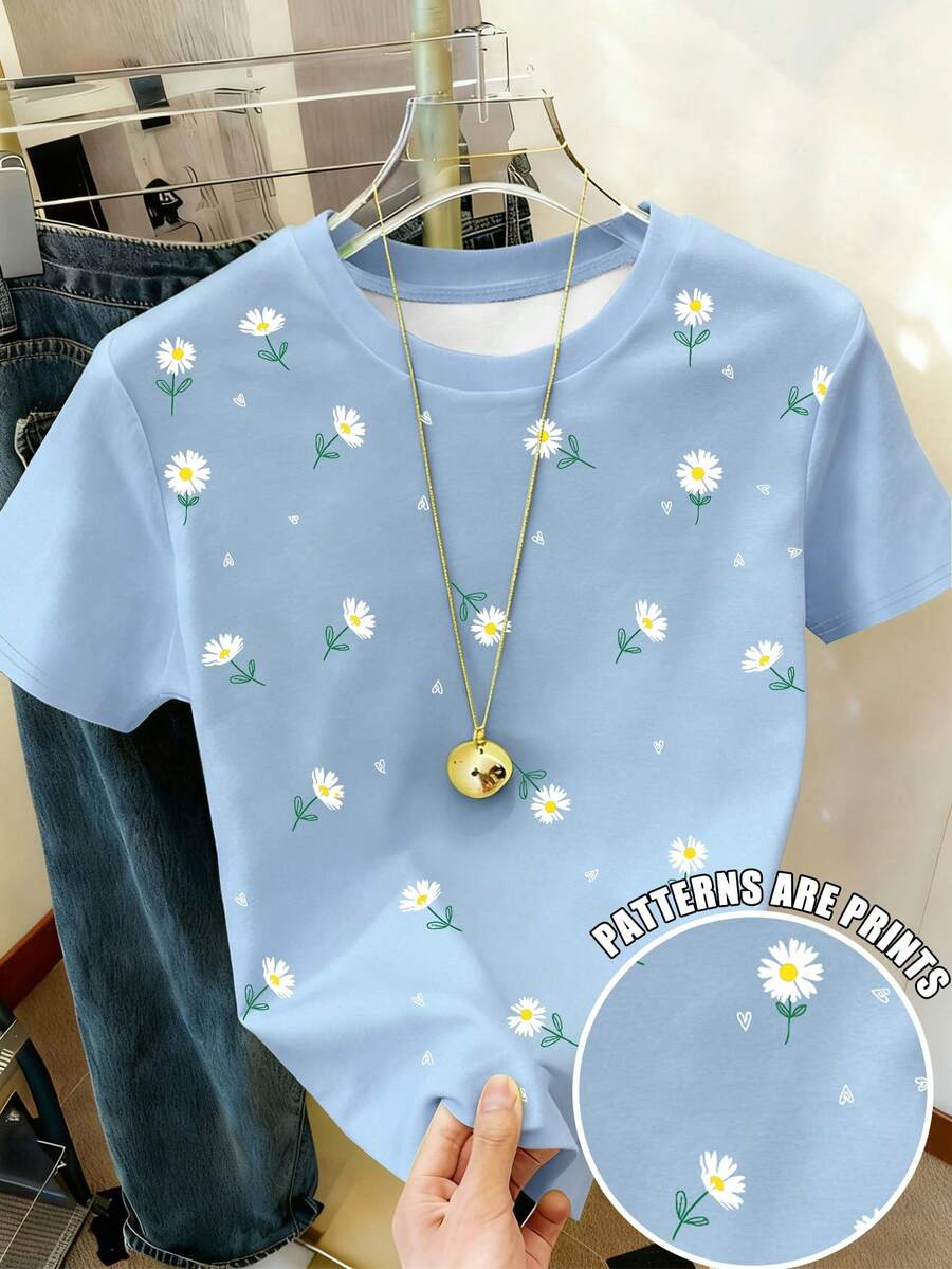 Resyla Standard Fit Short Sleeve Round Neck Casual Summer T-Shirt With All-Over Daisy Floral Print - Multicolor - View 1