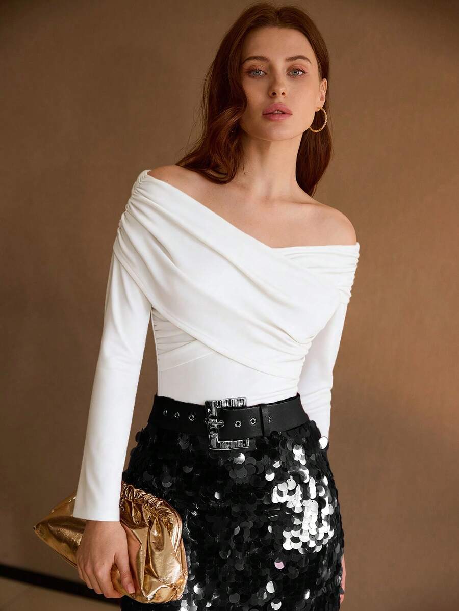 MOTF PREMIUM CAMISETA CRUZADA CON HOMBROS AL DESCUBIERTO Y FRUNCIDOS PARA MUJER - Blanco - Ver 1