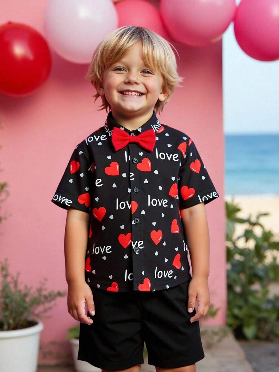 2件套男童休闲校园风舒适卷袖衬衫短裤套装，心形印花衬衫短裤 - 彩色 - 查看 1