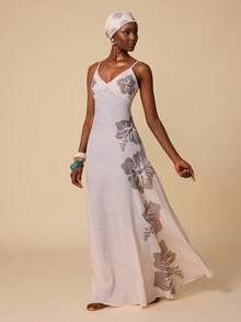 Swim Chiccia Women's Pink Summer Boho Flowy Floral Print Tie-Front Camisole Dress, Backless Beach Vacation Holiday Elegant Long Sophisticated Slightly Sheer - Apricot - View 4