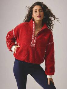 Aralina Freizeitbekleidung Herbst/Winter Halber Reißverschluss Floral bedruckter flauschiger Fleece-Jacke mit Innenzugband, Gym Workout bequemes Flughafen-Outfit