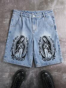 Manfinity EMRG Men's Pocket Button Graphic Casual Versatile Commute Denim Shorts - Light Wash - View 1